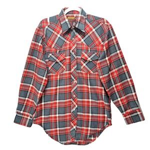 Vintage Pelham Shirt Mens M Pearl Snap Western Plaid Cowboy Rodeo Ranch Barn Red